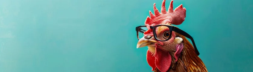 Tuinposter A headshot of a chic chicken wearing glasses on a sophisticated teal background. © Creative_Bringer
