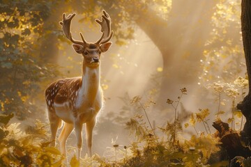 A majestic fallow deer stands in a misty sunlit forest - obrazy, fototapety, plakaty