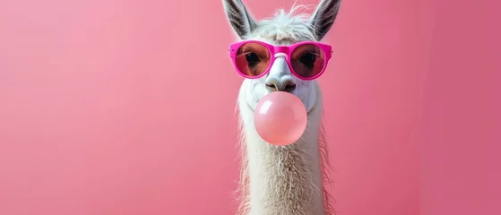  A llama blowing a bubble gum with sunglasses on a playful pink background. © Creative_Bringer