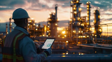 Fototapeta na wymiar A lone engineer with a tablet computer stands before a complex refinery plant as the sun sets
