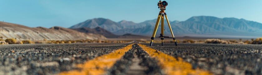A theodolite survey instrument is set up on a tripod in the middle of an empty road for precise measurements. - obrazy, fototapety, plakaty