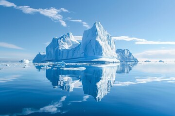 A tranquil arctic landscape showing majestic icebergs and their reflections in the calm polar waters.