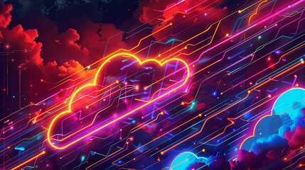 A vibrant depiction of cloud computing with neon lights and circuit patterns representing data technology.