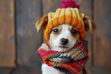 Adorable puppy dressed in a knit hat and colorful striped scarf.