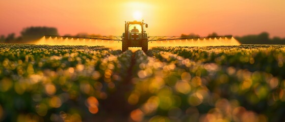 Agricultural tractor spraying pesticides on soybean crops at sunset