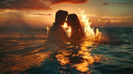 Romantic scene couple hugging in the sea with sunset abstract fiery background. Generated AI image - obrazy, fototapety, plakaty