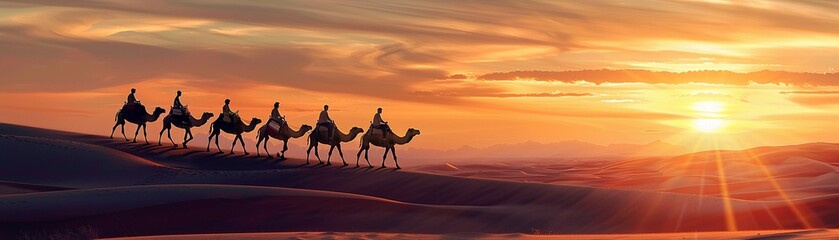 Camel caravan silhouette trekking across desert dunes at sunset