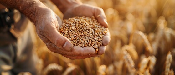 Close-up of hands carefully holding a bounty of harvested wheat grains in a warm - obrazy, fototapety, plakaty
