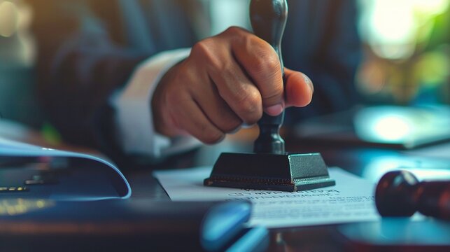 Close-up of an official stamping a passport or document on a desk.