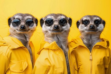 Three meerkats in yellow jackets and sunglasses give off cool vibes against a yellow background.