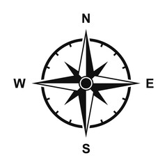 Vintage marine wind rose, nautical chart. Monochrome navigational compass with cardinal directions of North, East, South, West.