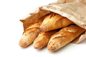 Freshly baked baguette in paper bag isolated on white background - Powered by Adobe