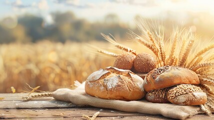 Fresh baked bread on table on wheat field background