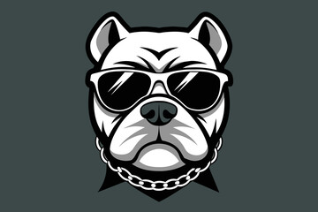 Sleek lines depict a bulldog's determined face, adorned with chains and sporting sunglasses for added attitude