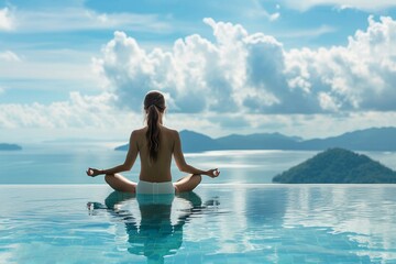 Woman meditating by an infinity pool with a panoramic view of the sea.