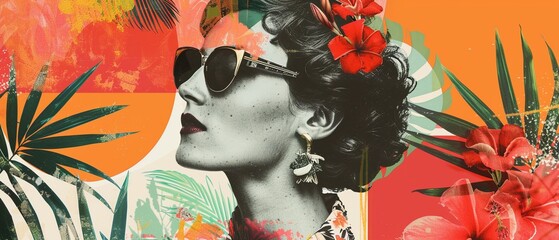 Vintage-inspired fashion collage with a woman and tropical elements. - Powered by Adobe
