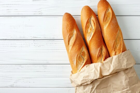 Freshly baked baguette in paper bag on wooden table