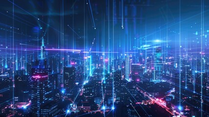 futuristic cityscape with a network of laser beams representing high-speed optical communication links connecting buildings