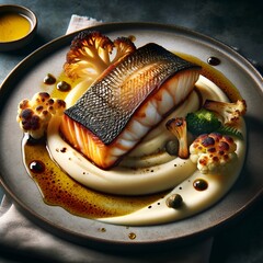 Seared Sea Bass with Cauliflower Puree.
Delicately seared to perfection sea bass fillet atop a velvety cauliflower puree, garnished with charred cauliflower florets and caper berries. 