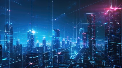 Obraz premium futuristic cityscape with a network of laser beams representing high-speed optical communication links connecting buildings