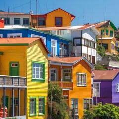 Colorful houses in town on sunny day. Generative AI
