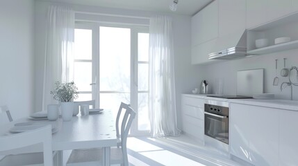 Modern stylish kitchen interior design with luxury furniture on white wall background. AI generated
