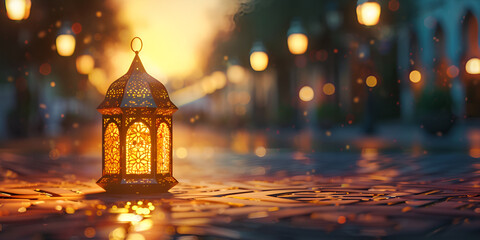 Arabic Lantern With Burning Candle And Bokeh Lights In Background Ramadan 