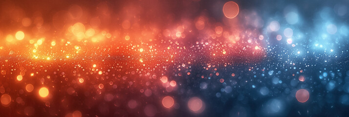 Sparkling particles and stars scattered across a dark blue and orange gradient background. - obrazy, fototapety, plakaty