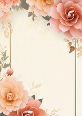 Watercolor  floral border in Elegant Wedding Invitation greeting card. A pale peach and grey color palette with soft neutral colors. Roses and leaves around the edge of the page on white background. 