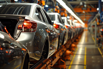 row of modern cars on a mass production assembly line