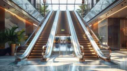 Escalator with staircase at indoor modern city building. AI generated image