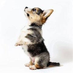 Studio portrait of Pembroke Welsh Corgi puppy standing on hind legs against a white background. Generative AI
