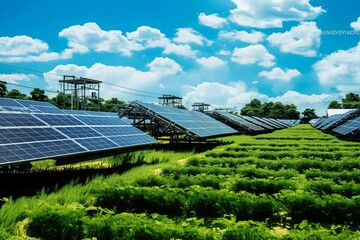 A field of solar panels is shown in the image