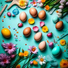 Fototapeta na wymiar easter eggs and flowers on a white background