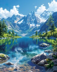 Fototapeta na wymiar High mountain lake reflection, serene beauty, tranquil nature, clear waters, background. wallpaper