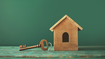 A wooden house figurine with a key next to it, symbolizing homeownership, new rental, or visualizing the concept of moving into a new home. Minimalism. Green background and studio photography.