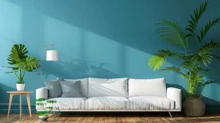 Modern living room with sofa and green plants on blue wall background. AI generated image