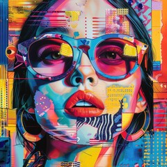 A vividly colorful female portrait, adorned with pop art influences and a patchwork of geometric elements, exuding a strong visual impact.