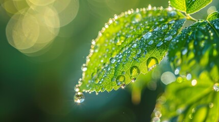 water drops on a fresh green leaf, backlight scene