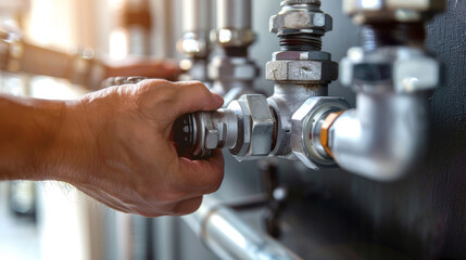 hand of a person working on stockcock of supply line pipes and tubes 