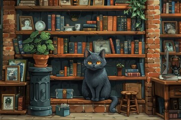 A cozy mystery bookstore run by a clever cat detective, for a mystery novel series or bookshop promotion.