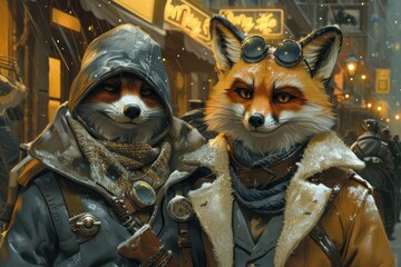 A detective duo of a wise owl and a cunning fox solving mysteries in a noir-inspired city - obrazy, fototapety, plakaty