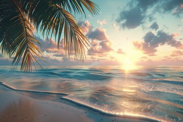 Sand on beach on ocean and sunset sky background, palm tree