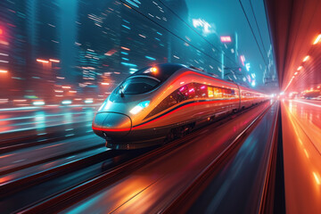 A high-speed bullet train zooming through a futuristic cityscape, symbolizing speed, efficiency, and modern transportation solutions.
