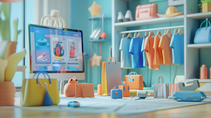 ecommerce store with , bags, and shoes on the shelf behind an iMac displaying an online shopping website interface. In front of it is a table with various small plastic products in bright colors - obrazy, fototapety, plakaty