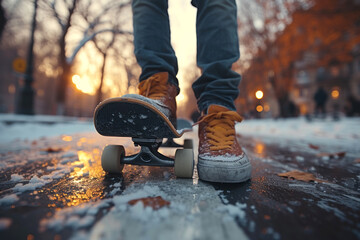 Action-packed urban skateboarding scene with a skilled skateboarder performing a trick, for youth culture or sports gear ads.