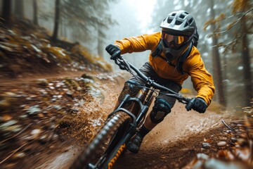 Action-packed mountain biking adventure through a green forest trail, emphasizing speed and adrenaline, for sports and lifestyle