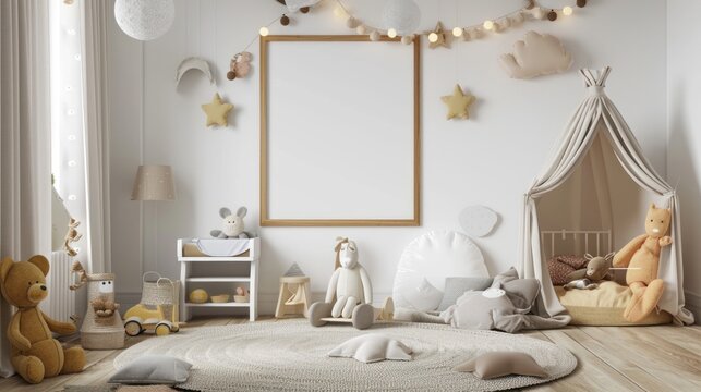 Cute children room with toys, nursery and poster mockup on white wall background. AI generated image