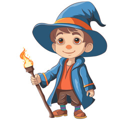 Little boy wizard in a blue cloak, hat and with a burning staff, isolated on a white background. - 777699731