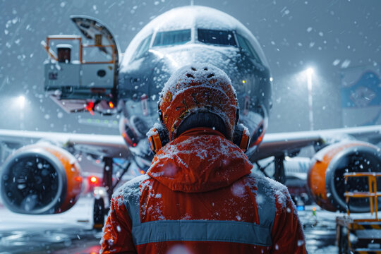 Aircraft de-icer working on a commercial airplane during a snowstorm, ensuring flight safety in extreme weather conditions. - Powered by Adobe